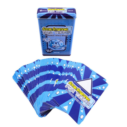 A blue 'Social Situations for Teens' double dice deck tin and fanned-out deck of playing cards on a plain white background.