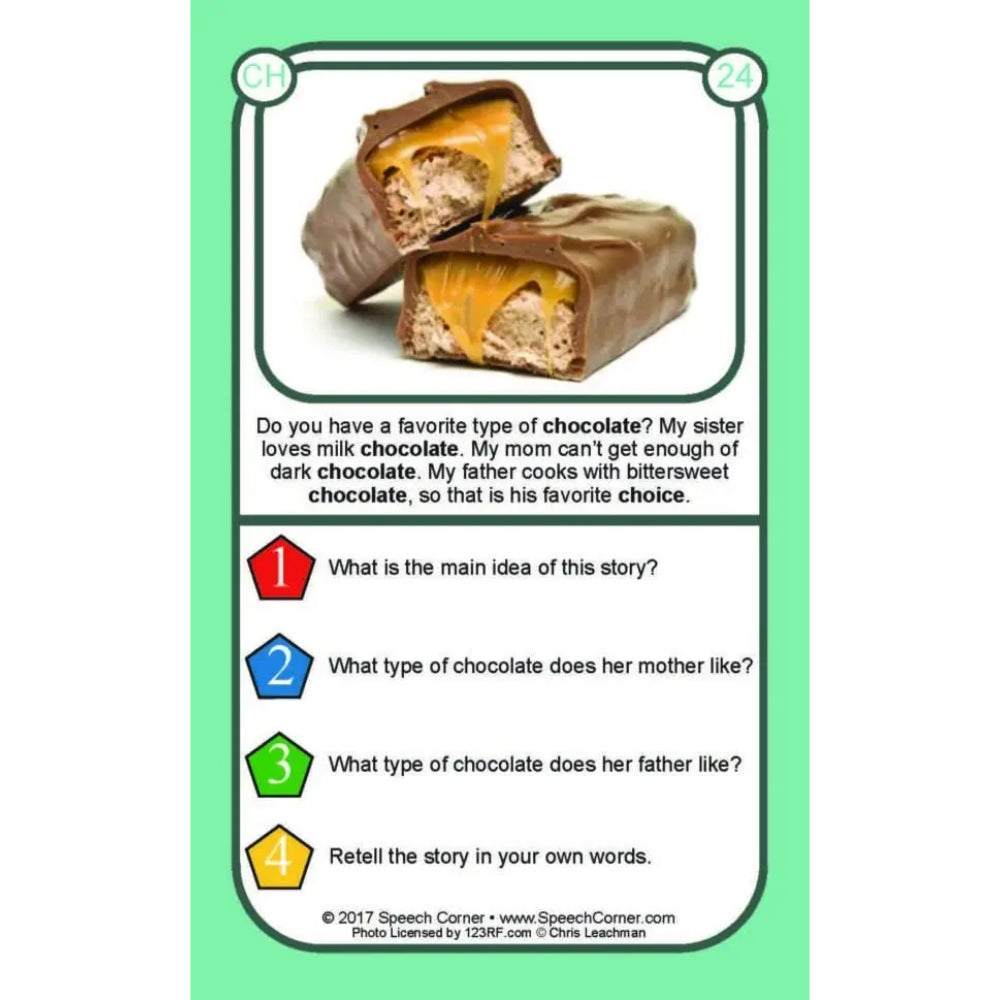 A speech therapy card featuring a chocolate caramel pie or candy bar illustration at the top and four multiple-choice questions about chocolate preferences and types, set against a light green background.
