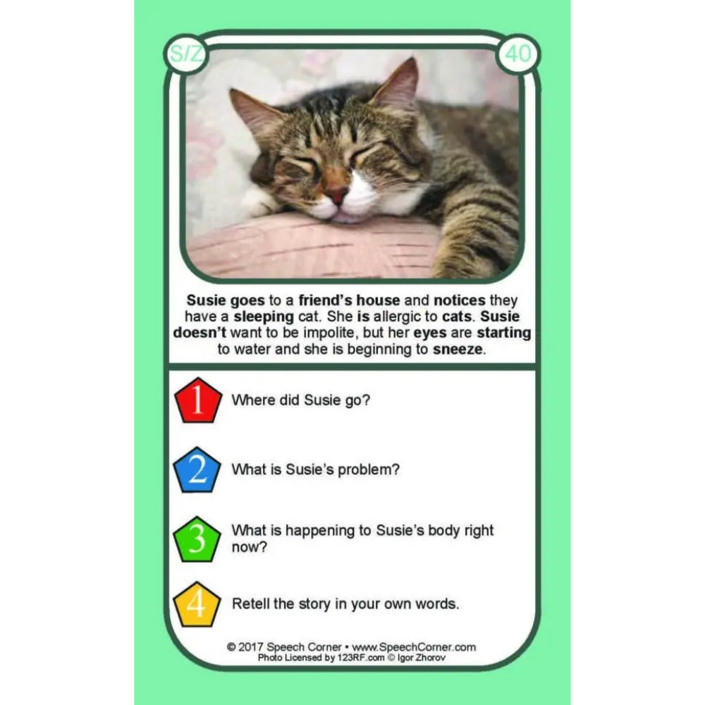 A speech therapy card featuring a picture of a sleeping tabby cat and a story about a cat-allergic person named Susie, with four numbered comprehension questions on a white card with a green border.