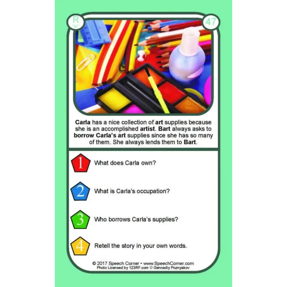 A speech therapy card featuring a colorful art supplies illustration and text questions about Carla and her art supplies, set against a light green background.