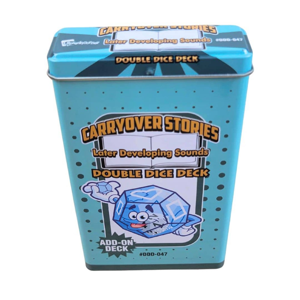 A square metal tin for the 'Carryover Stories Later Developing Sounds Double Dice Deck' add-on deck, featuring a light blue design with a cartoon ice cube character and black polka dots.