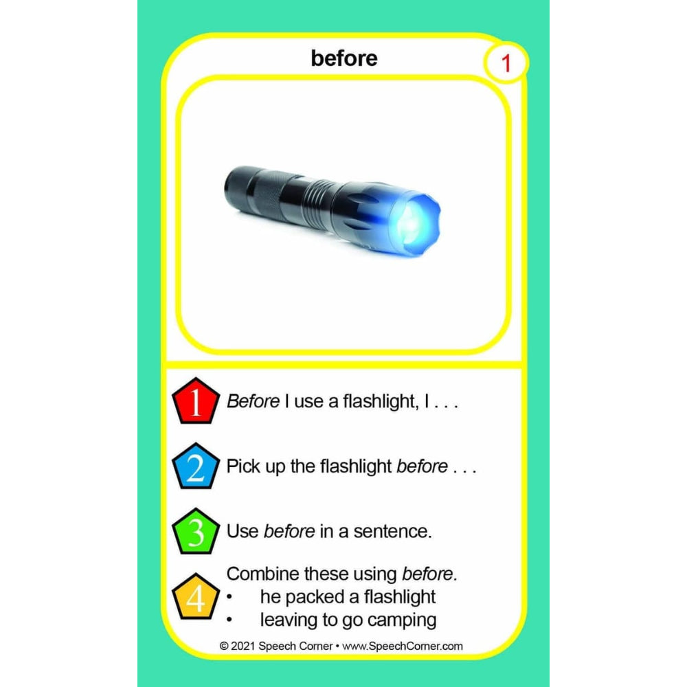 A speech therapy card titled 'before' with a photo of a black flashlight emitting a blue light at the top and four numbered educational sentences below on a turquoise background.
