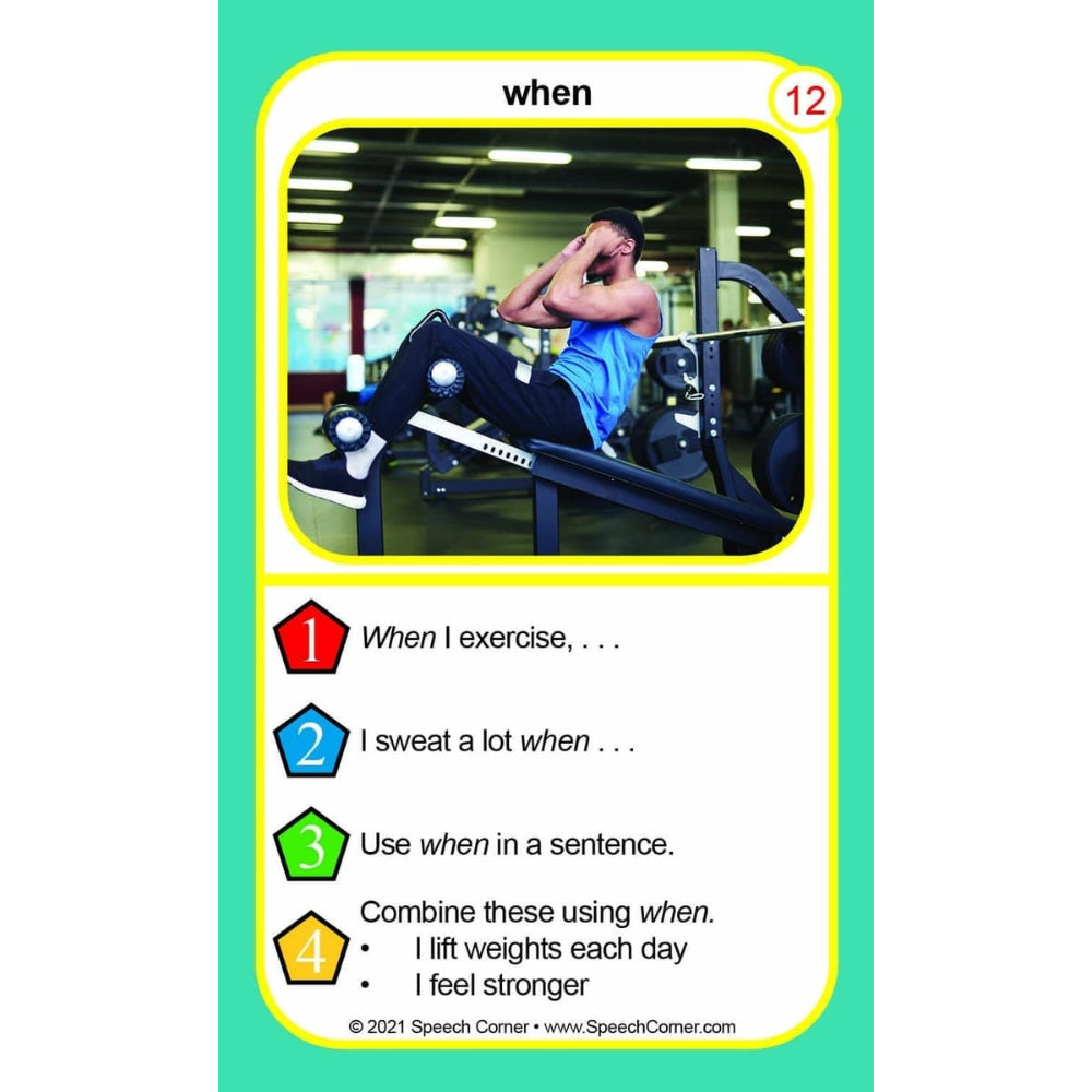 A speech therapy card titled 'when' with a photo of a man doing sit-ups in a gym and four numbered sentences for practicing the word 'when'.