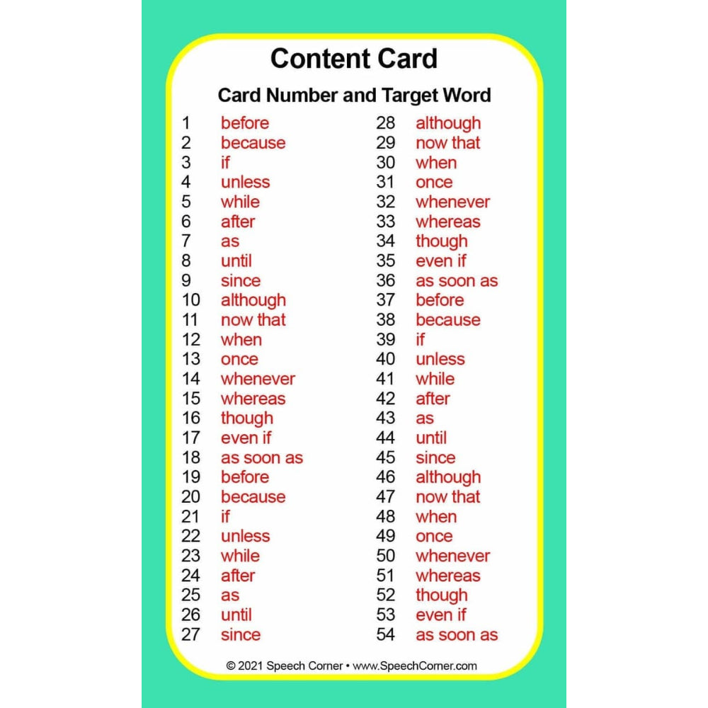A speech therapy content card featuring a list of common conjunctions and their corresponding card numbers on a white background with a yellow border and a teal-green background.