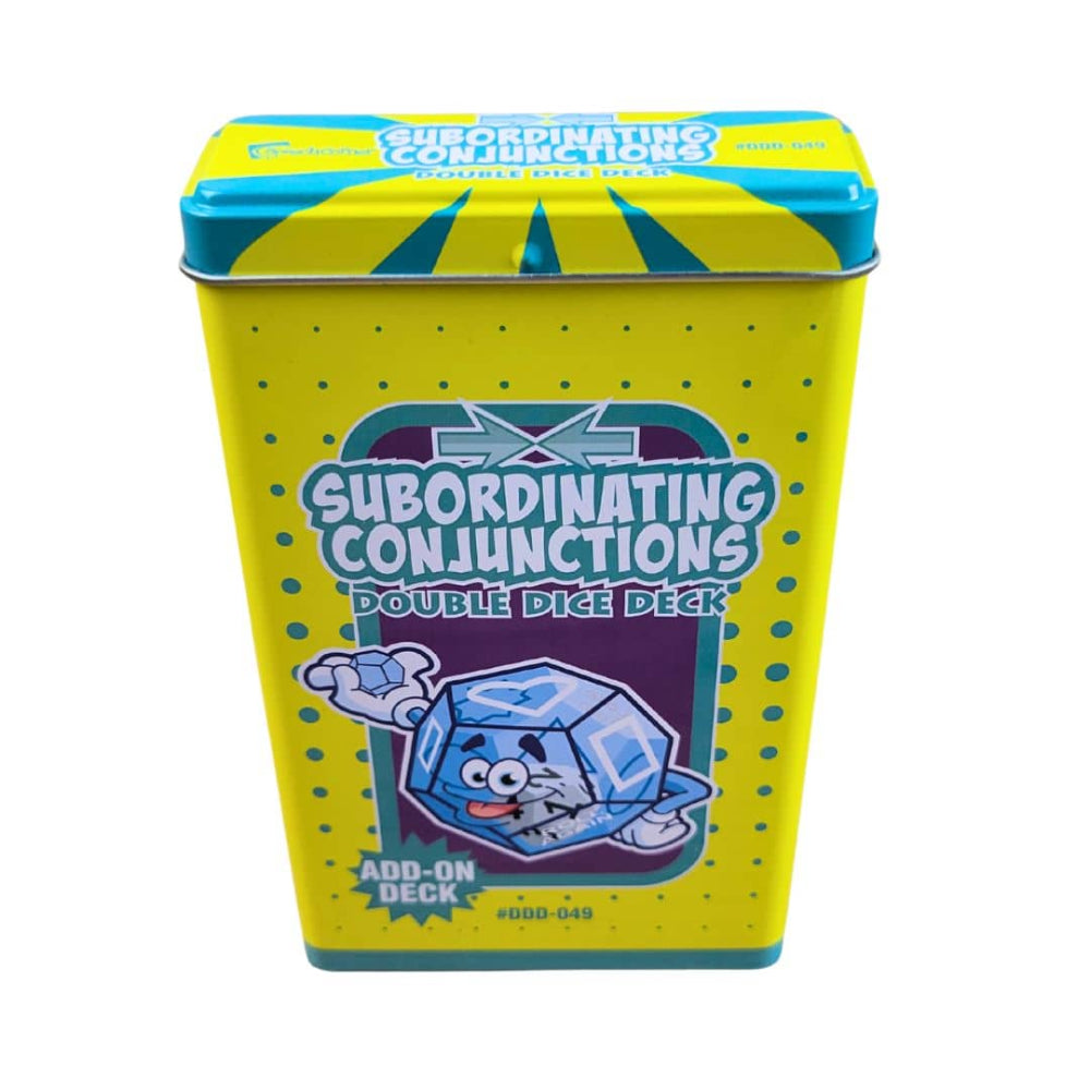 A yellow metal tin for the 'Subordinating Conjunctions Double Dice Deck' featuring a blue cartoon die character and a purple label on the front, set against a plain white background.