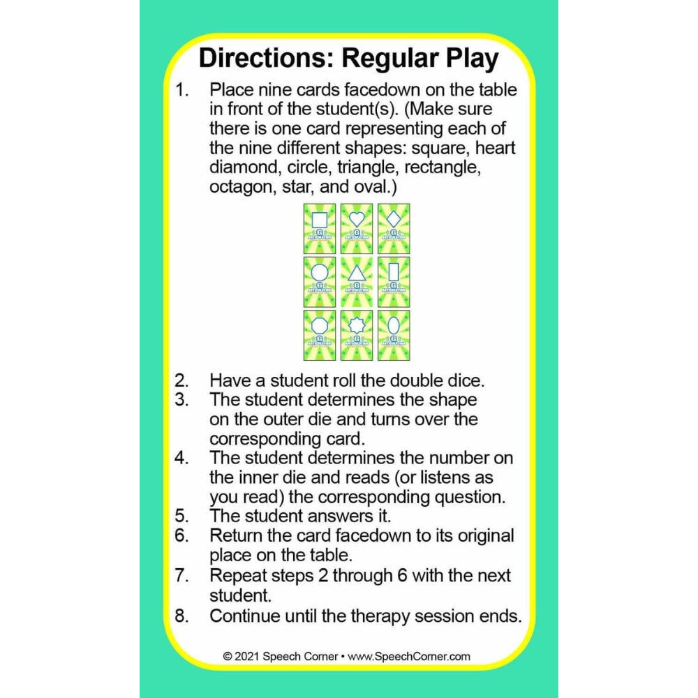 Instruction card for a speech therapy game titled 'Directions: Regular Play' with numbered steps and a small illustration of nine patterned cards on a white background with a yellow border and teal side bars.