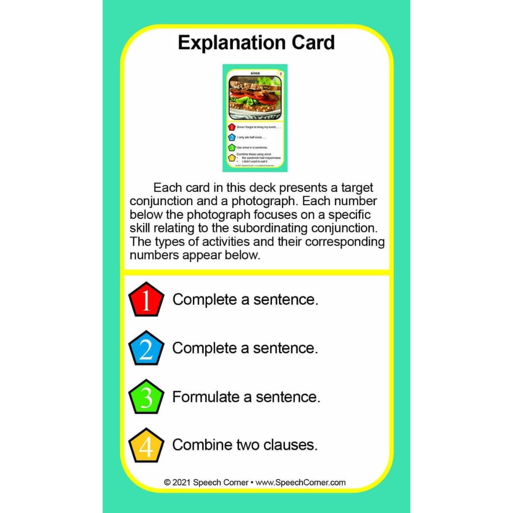 An educational 'Explanation Card' from Speech Corner, featuring a white card with a yellow border and a teal background. The card explains the use of conjunctions with a small illustrative photo of a hamburger and lists four activities (complete a sentence, formulate a sentence, combine two clauses) with corresponding numbered shapes in red, blue, green, and yellow.