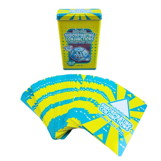 A deck of 'Subordinating Conjunctions' frozen card games displayed with its yellow and blue tin box standing behind it on a white background.