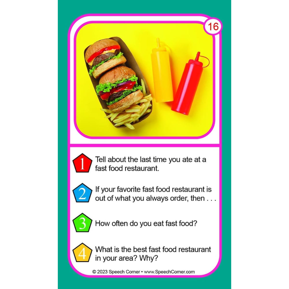 A speech therapy card featuring a fast food photo on a bright yellow background with four numbered prompts about eating fast food, including a burger, fries, mustard, and ketchup.