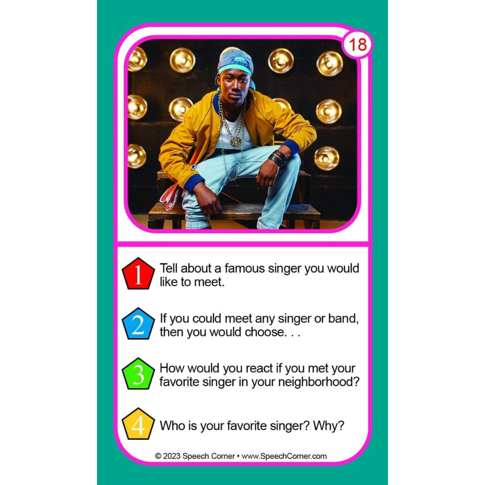 A speech therapy card from Speech Corner featuring a photo of a man in a yellow jacket and blue jeans, with four numbered prompts below for discussion questions.