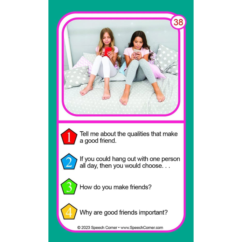 A printed educational card with a teal background, pink border, and a photo of two girls sitting on a bed. The card includes numbered questions about making friends and is branded Speech Corner at the bottom.