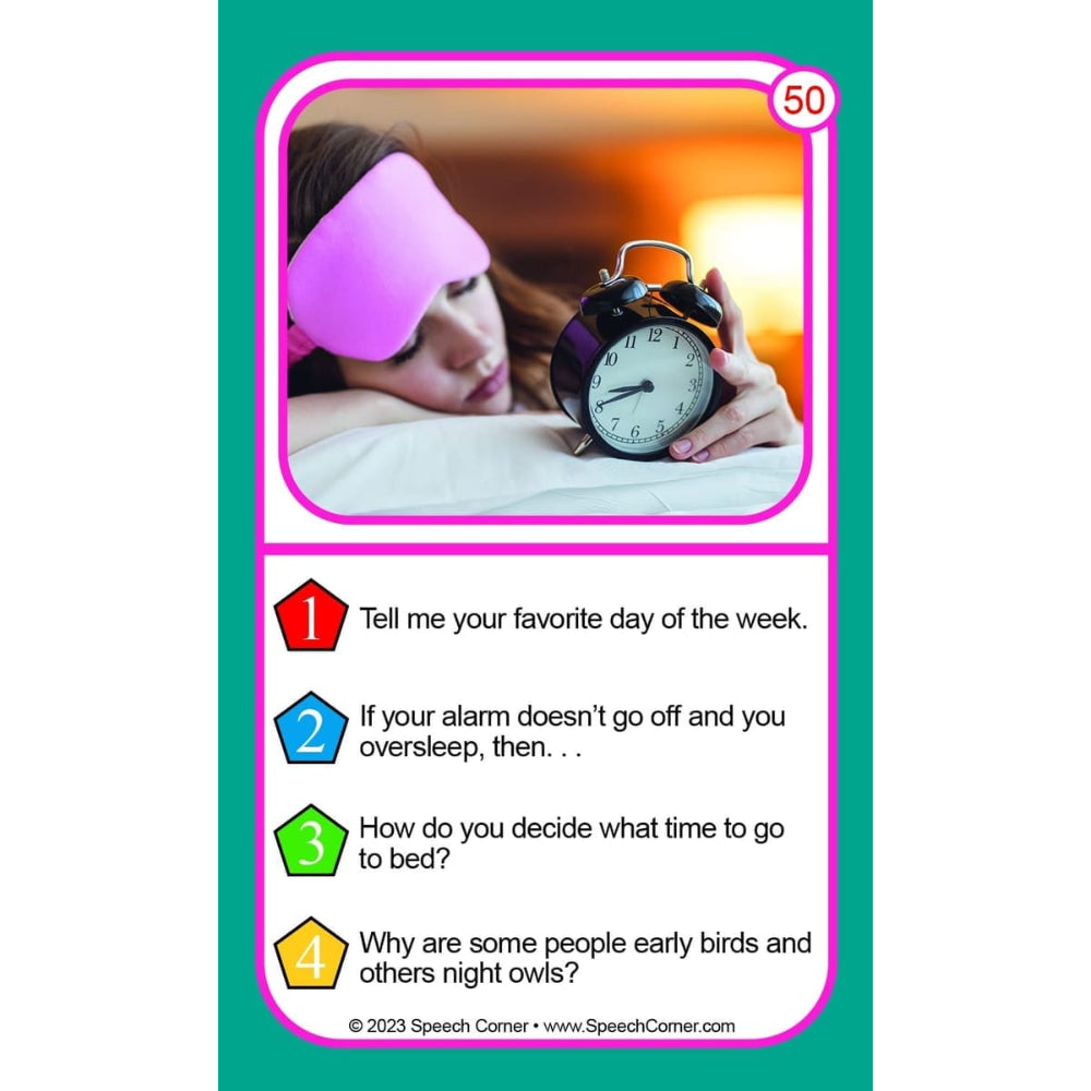 A speech therapy card featuring a photo of a woman wearing a pink sleep mask and holding an alarm clock, with four numbered questions about sleep habits and time management below on a teal background.