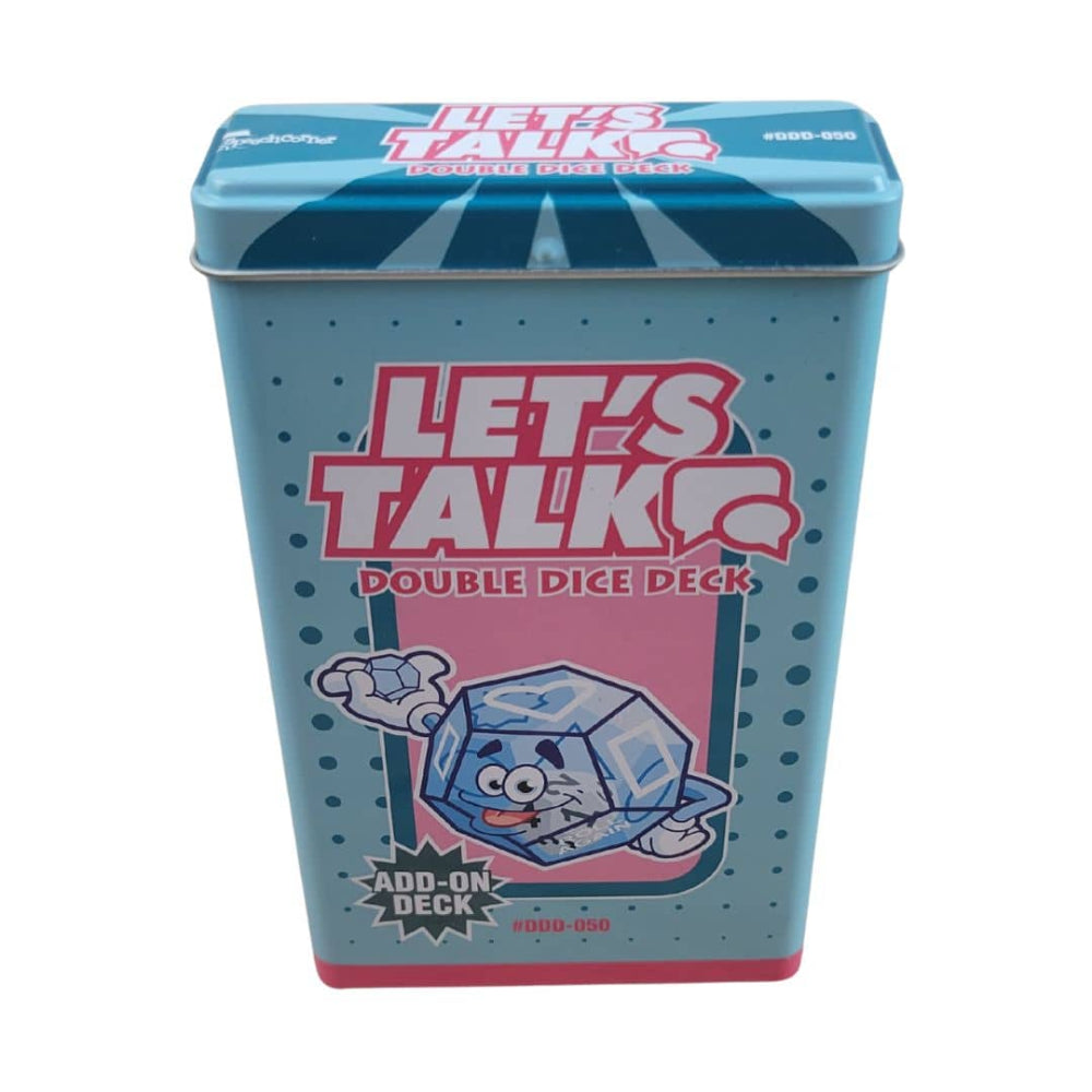 A metal tin of Let's Talk Double Dice Deck, featuring a light blue body with dark blue dots, bold pink and white lettering, and a cartoon die character on the front.