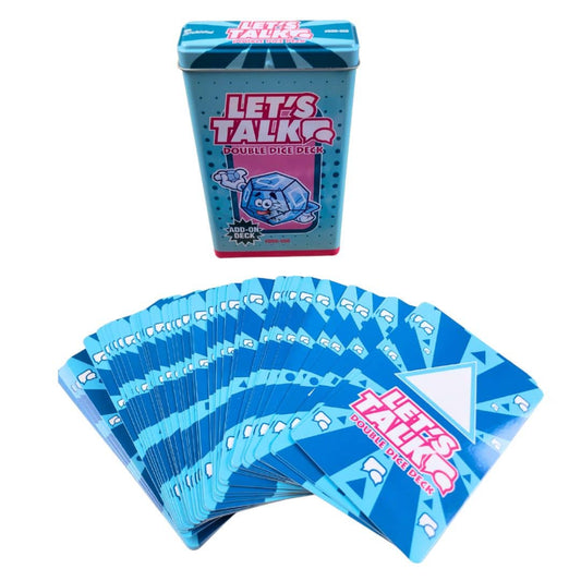 Let's Talk's Double Dice Deck card game set, showing a blue metal tin box and a fanned-out deck of blue playing cards on a white background.