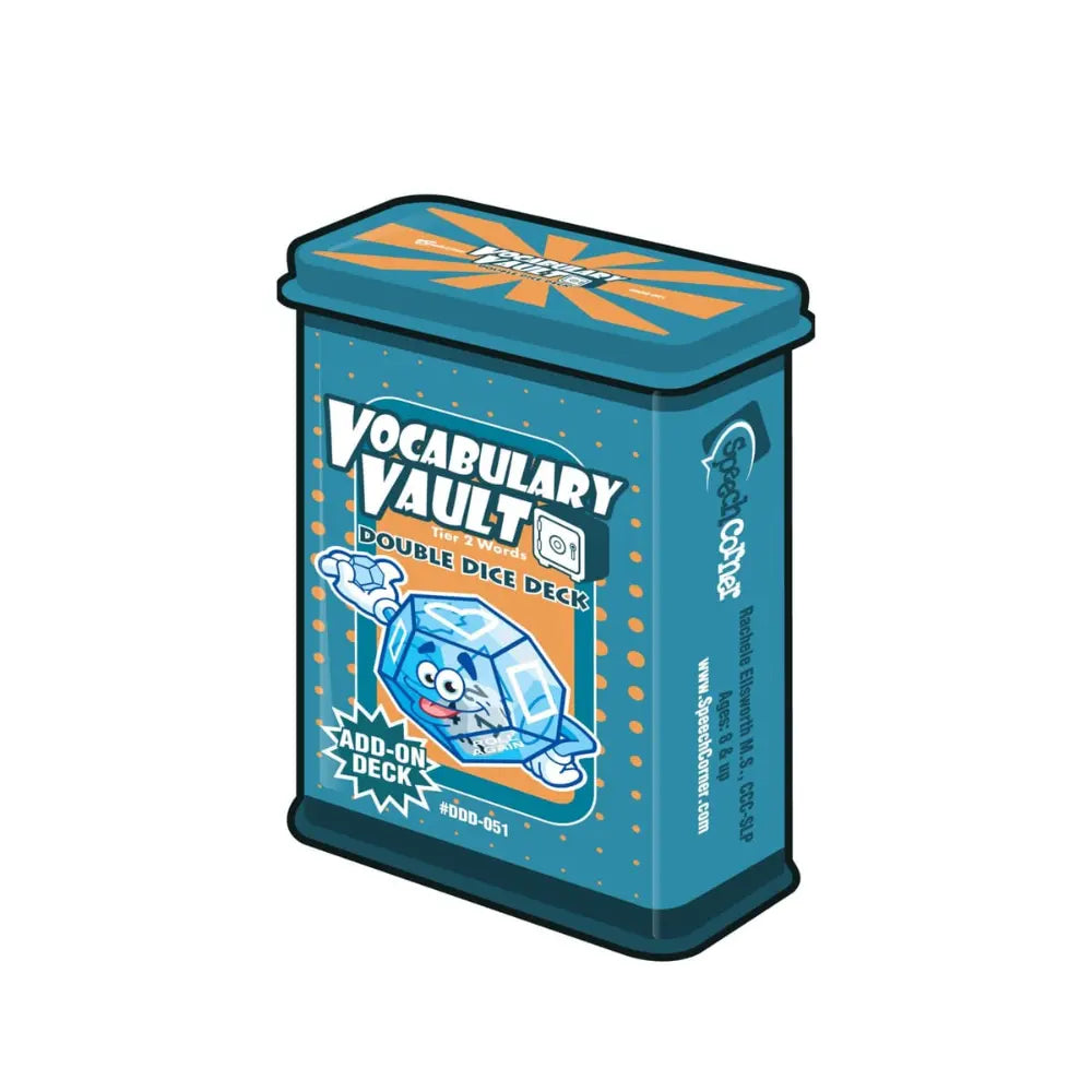 Vocabulary Vault Double Dice Deck in a teal-blue tin with orange accents and a cartoon ice cube illustration on the front, shown on a plain white background.