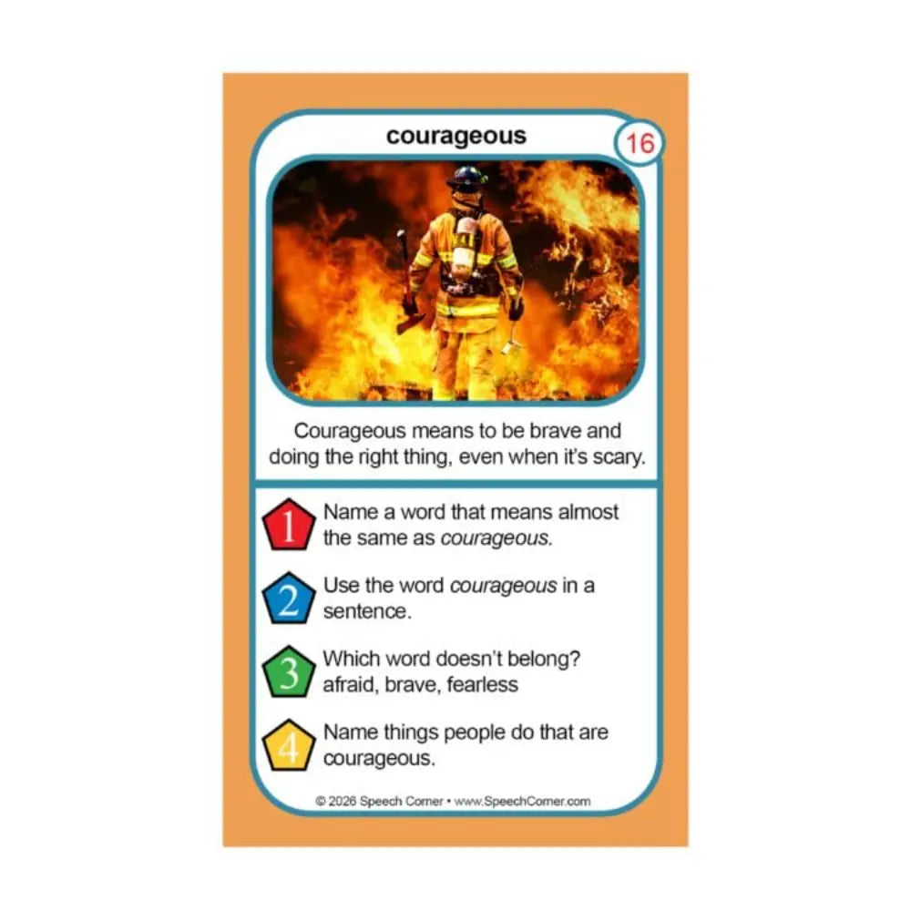 A speech therapy card titled 'courageous' with a light orange border, featuring a photo of a firefighter in front of flames and educational prompts below.