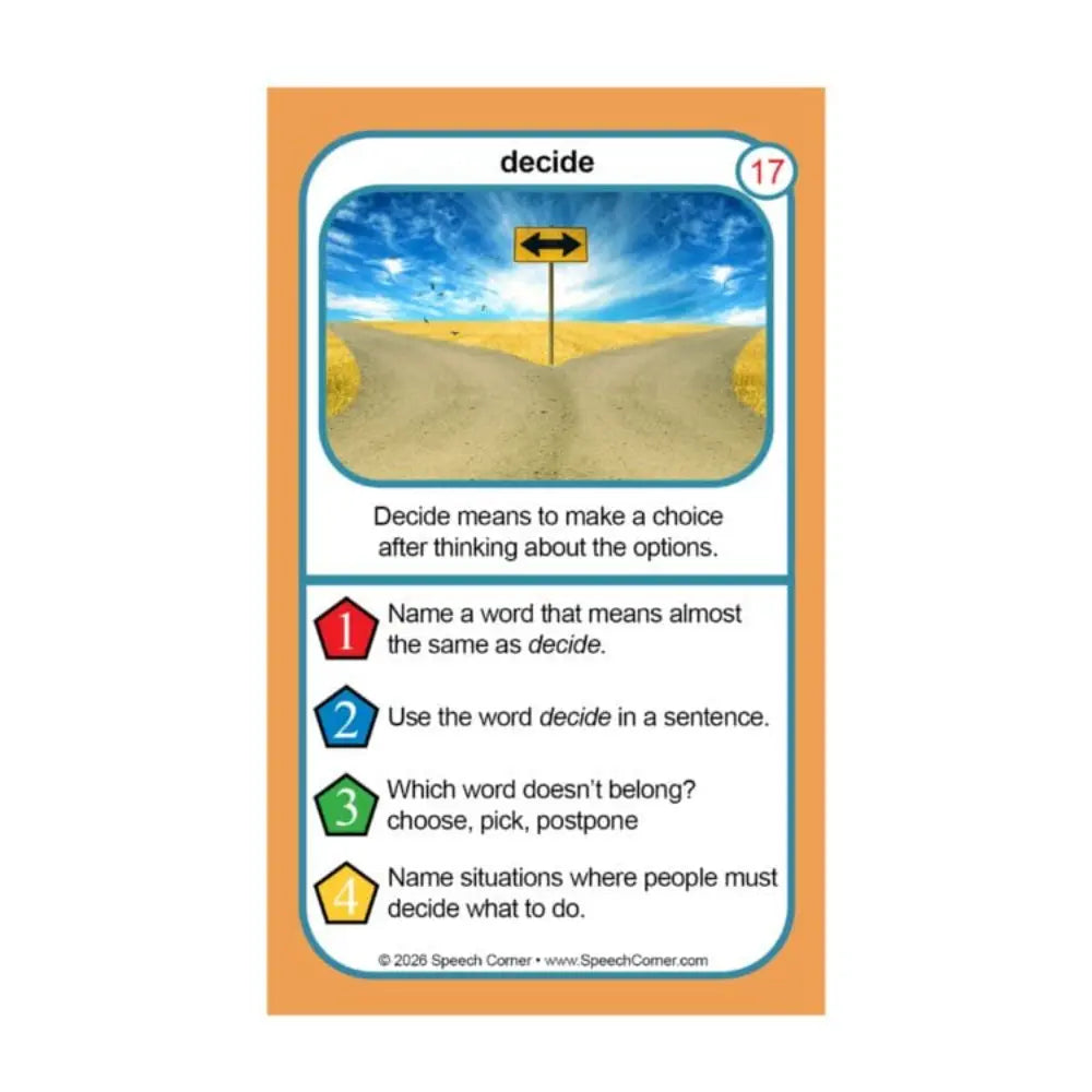 A single educational card from Speech Corner titled 'decide', shown against a plain white background. The card has an orange border, a white central panel, and a photo of a fork in the road with a double-arrow sign.