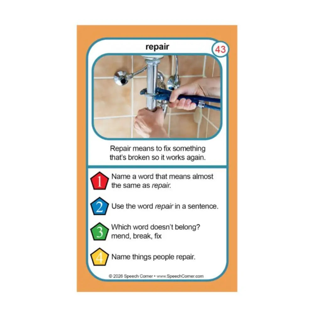 A speech therapy educational card titled 'repair' with an orange border, a central photo of hands using a wrench on a faucet, and four numbered activity prompts on a white background.