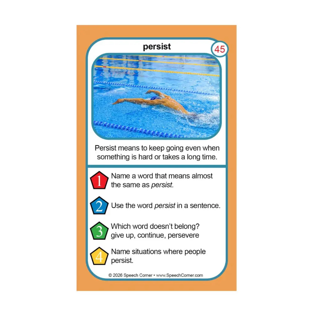 A single educational speech-language card titled 'persist' with a photo of a swimmer in a pool, a number 45, and printed activity prompts on a white background.