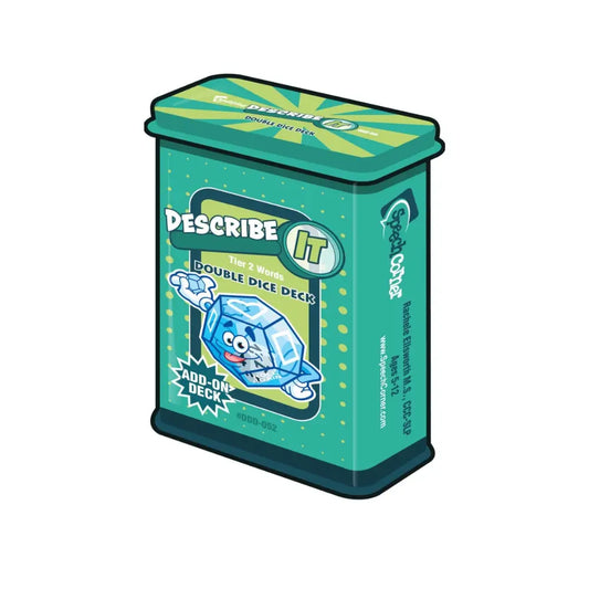 A teal and green tin-style box for the Describe It Double Dice Deck, shown on a plain white background. The front label features a cartoon ice cube character.