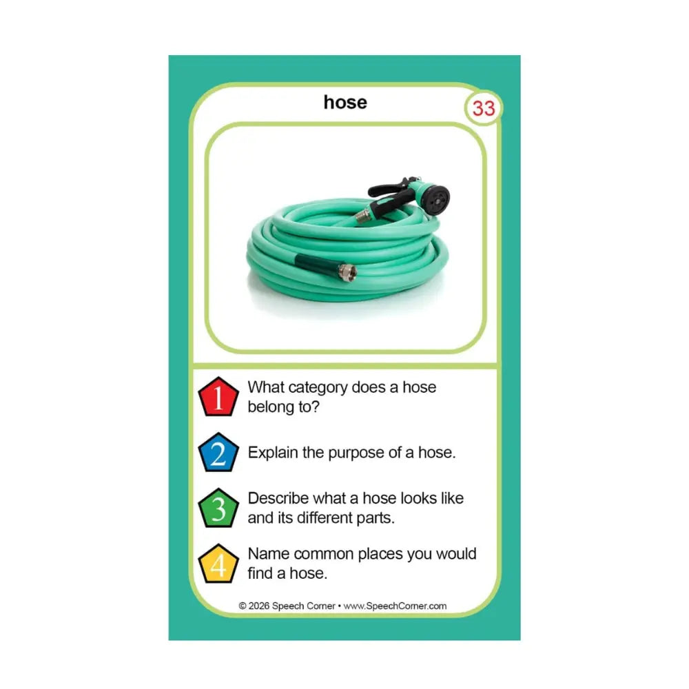 A speech therapy educational card titled 'hose' with a teal border, showing a coiled green garden hose and text questions about hoses.