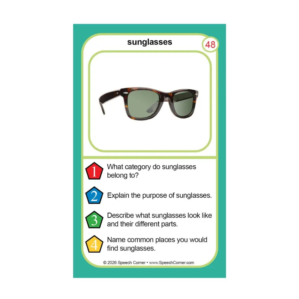A square educational card for learning about sunglasses, featuring a photo of tortoiseshell sunglasses with green lenses. The card has a teal border and text sections with numbered questions about sunglasses.