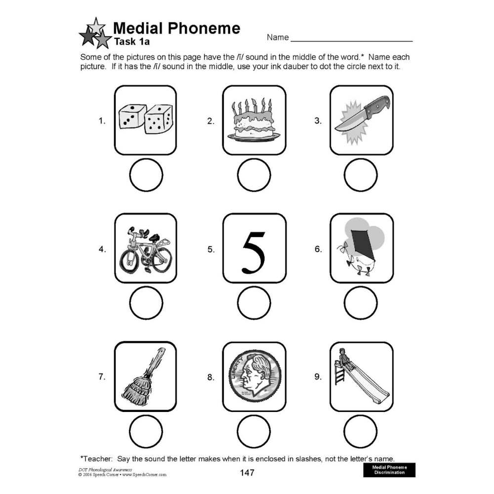 DOT Phonological Awareness Workbook Medial Phoneme Activity