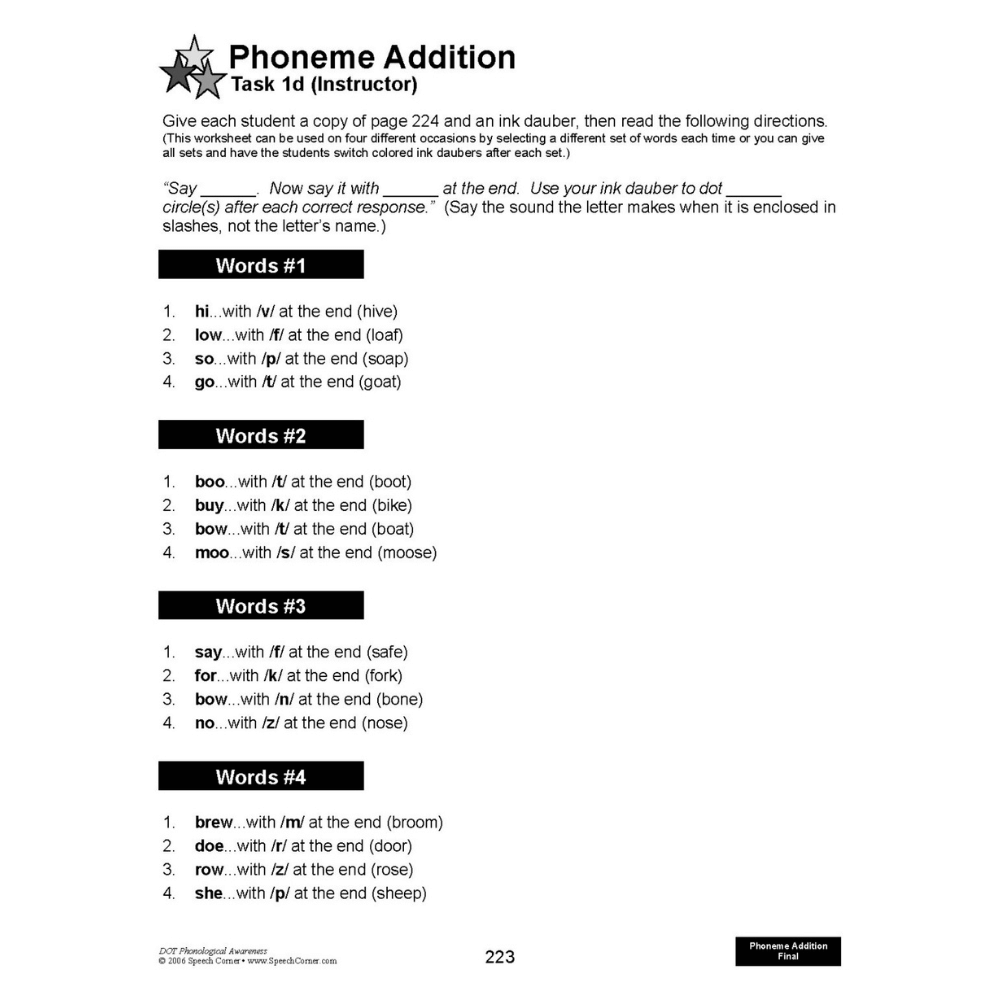 DOT Phonological Awareness Workbook Phoneme Addition (Instructor) Activity #2