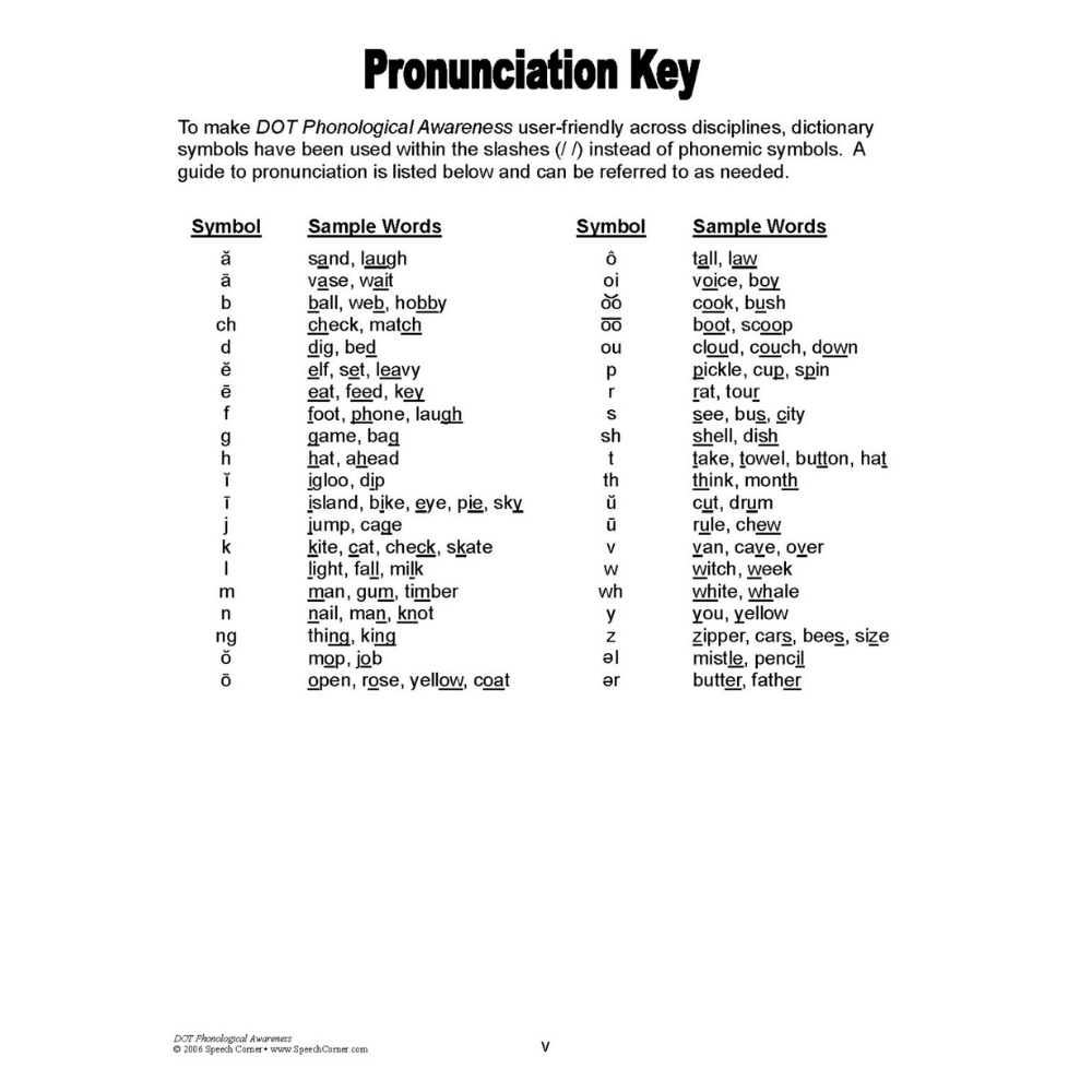 DOT Phonological Awareness Workbook Pronunciation Key