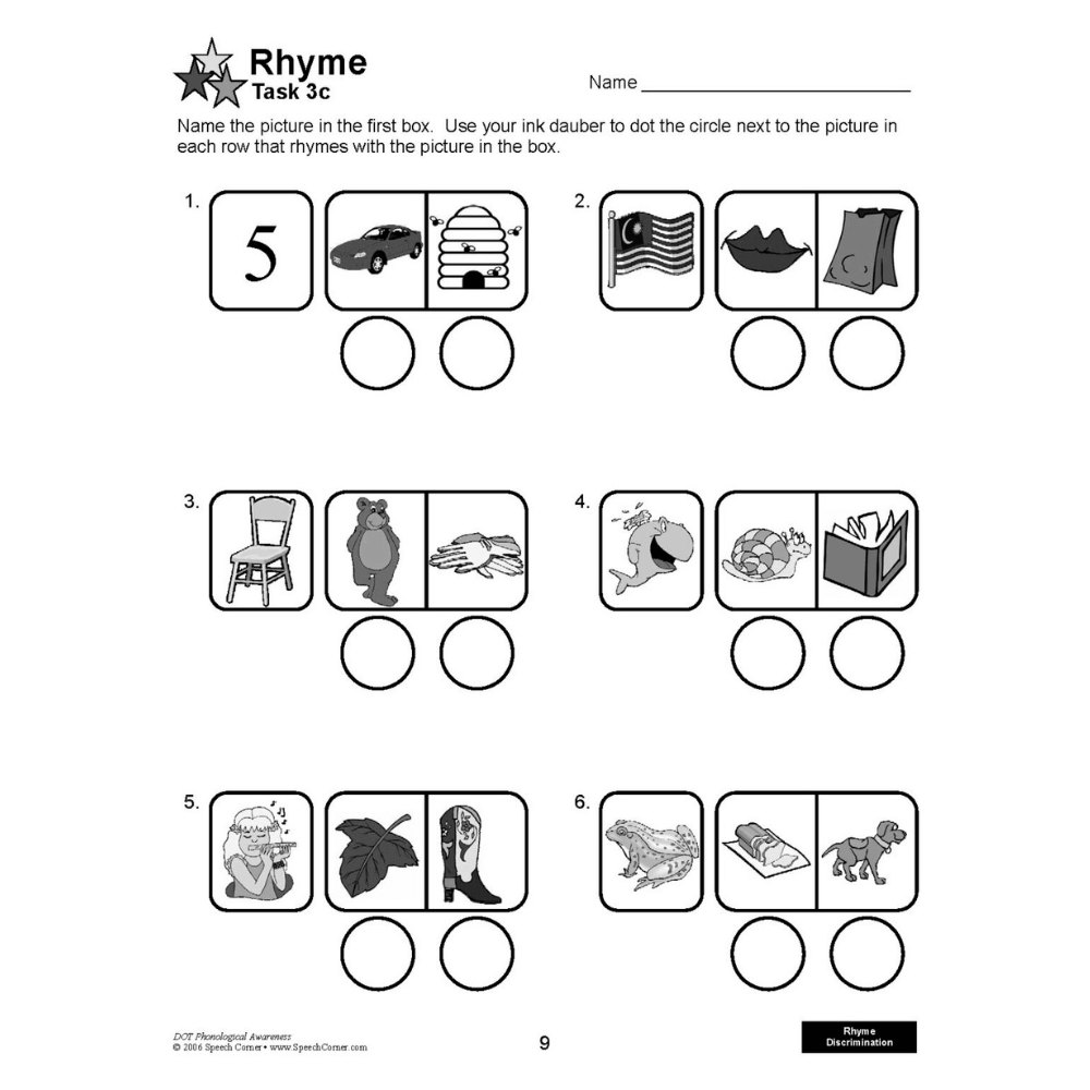 DOT Phonological Awareness Workbook Rhyme Activity