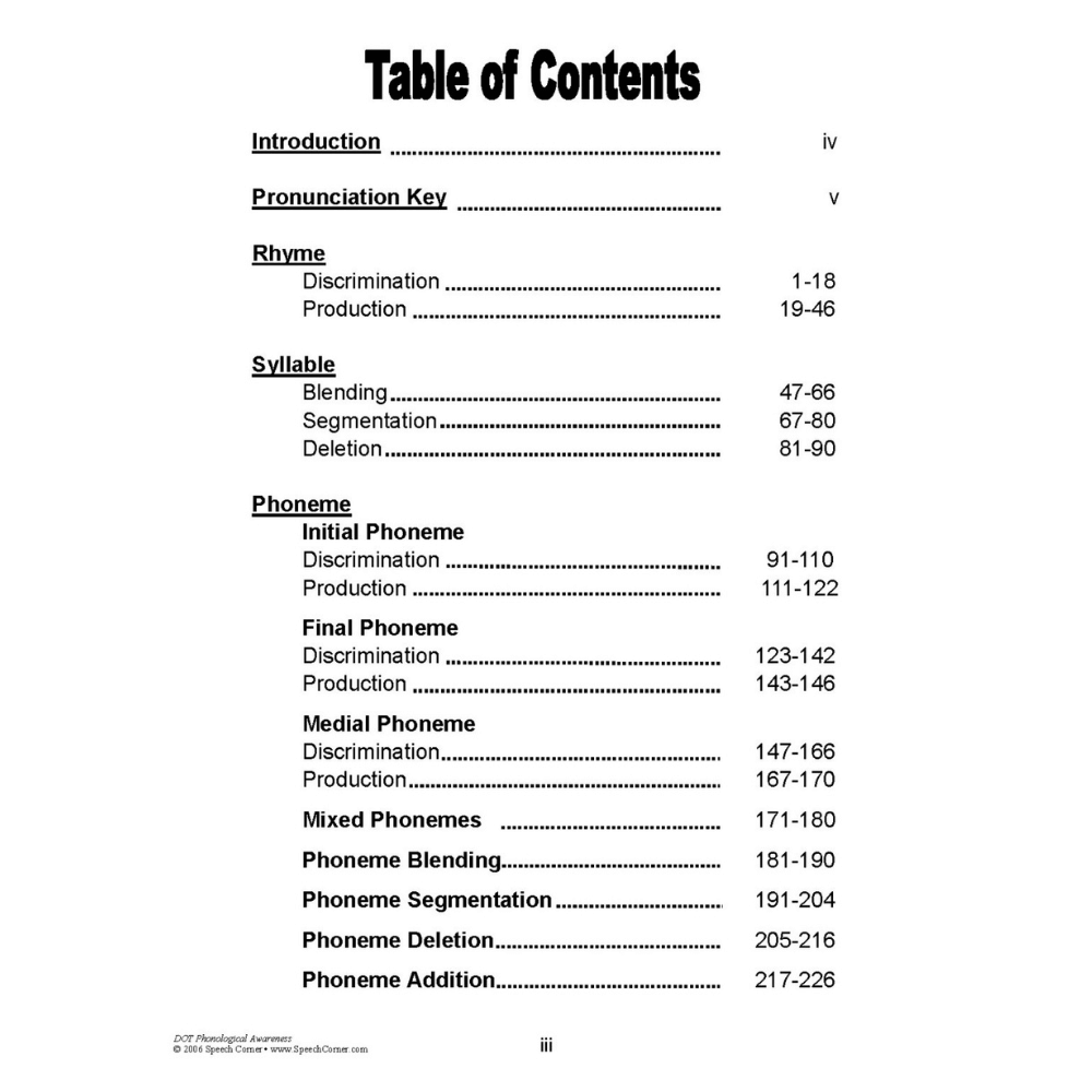 DOT Phonological Awareness Workbook Table of Contents