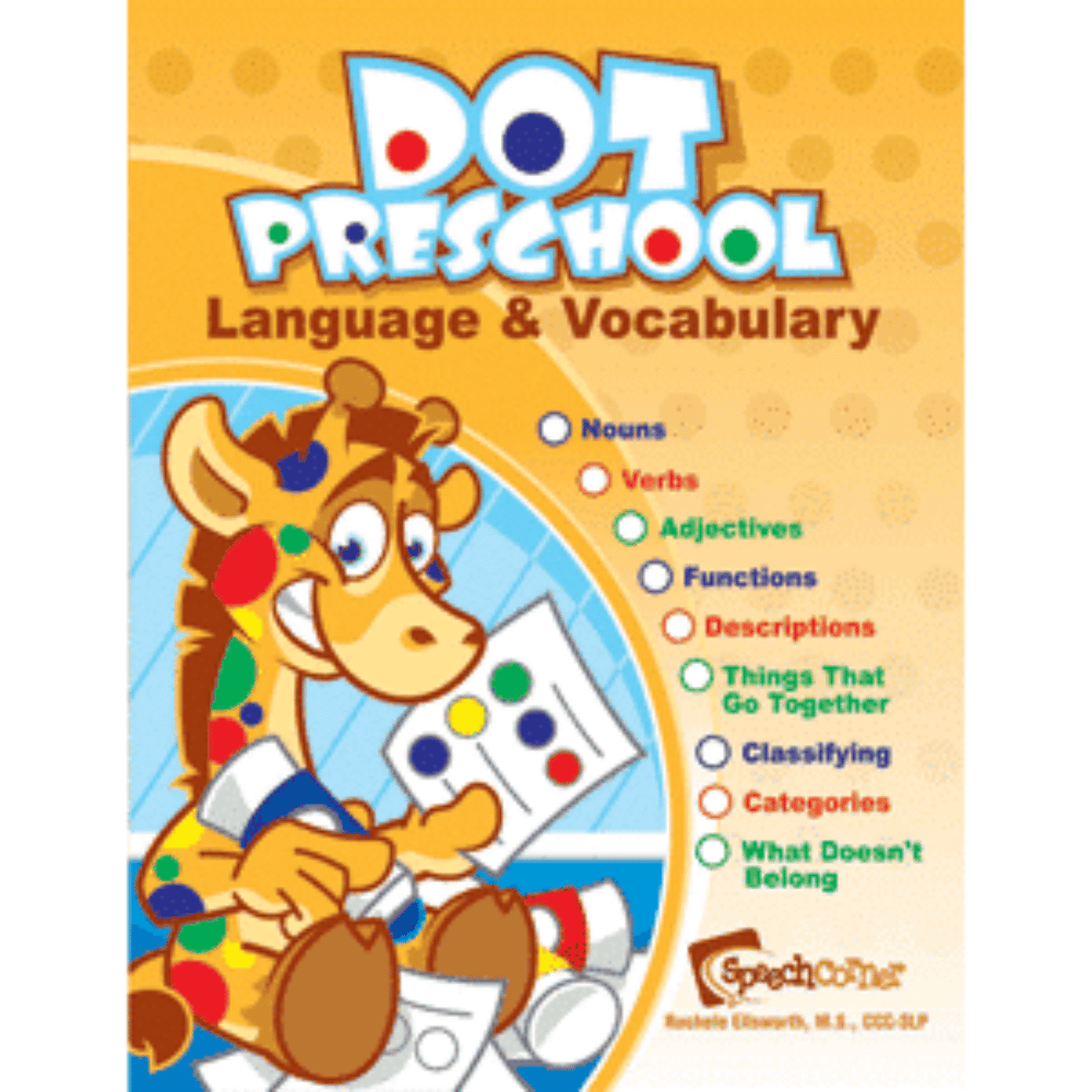 DOT Preschool Language and Vocabulary workbook cover with a cartoon giraffe holding a dotted worksheet