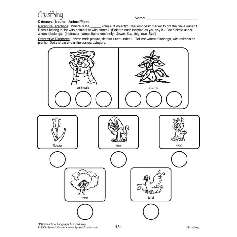 DOT Preschool Language and Vocabulary Classifying worksheet with illustrations of animals and plants