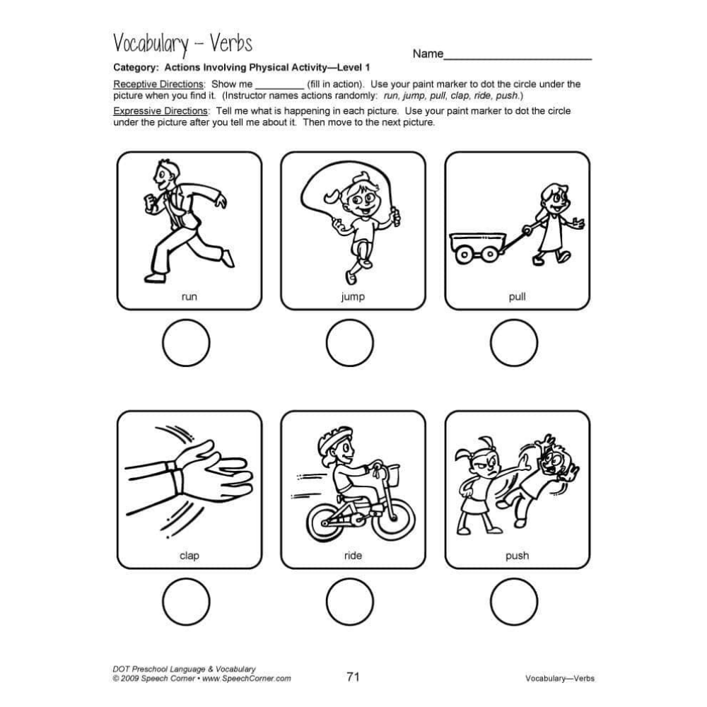 DOT Preschool Language and Vocabulary "Vocabulary Verbs" worksheet illustrating verbs such as run, jump, pull, and ride,