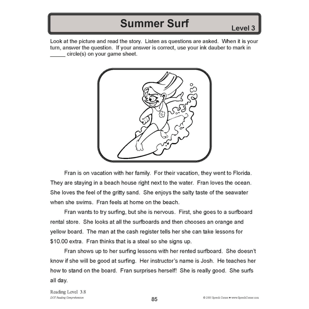 DOT Reading Comprehension Summer Surf worksheet