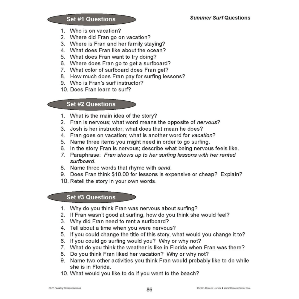 DOT Reading Comprehension Summer Surf Questions