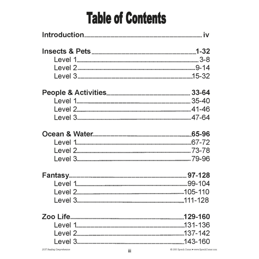 DOT Reading Comprehension Table of Contents