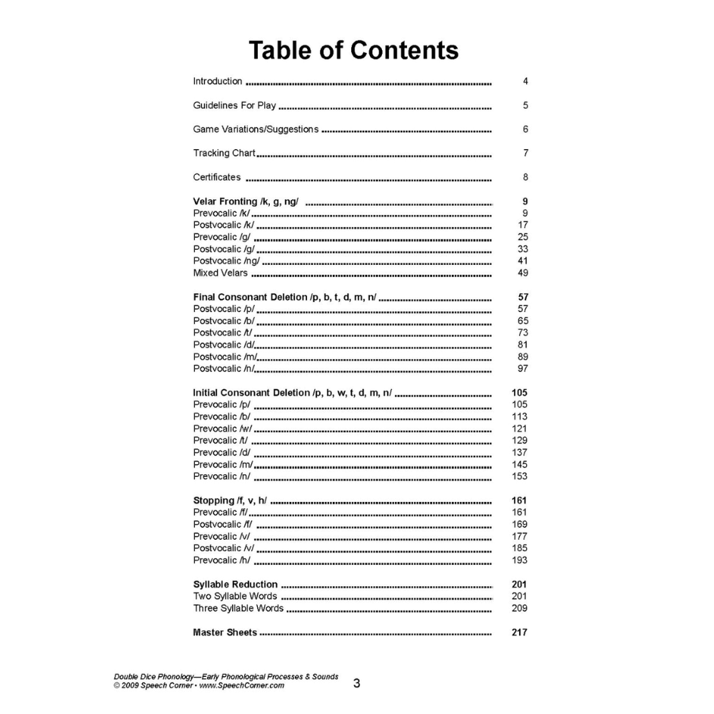 Double Dice Phonology Table of Contents