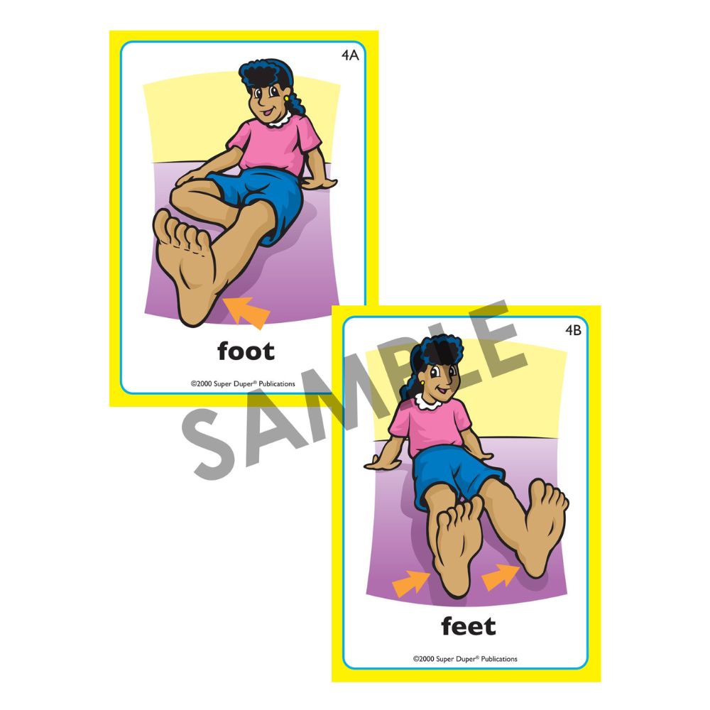 Irregular Plurals Fun Deck®, sample photo flash card showing that the plural of "foot" is "feet"