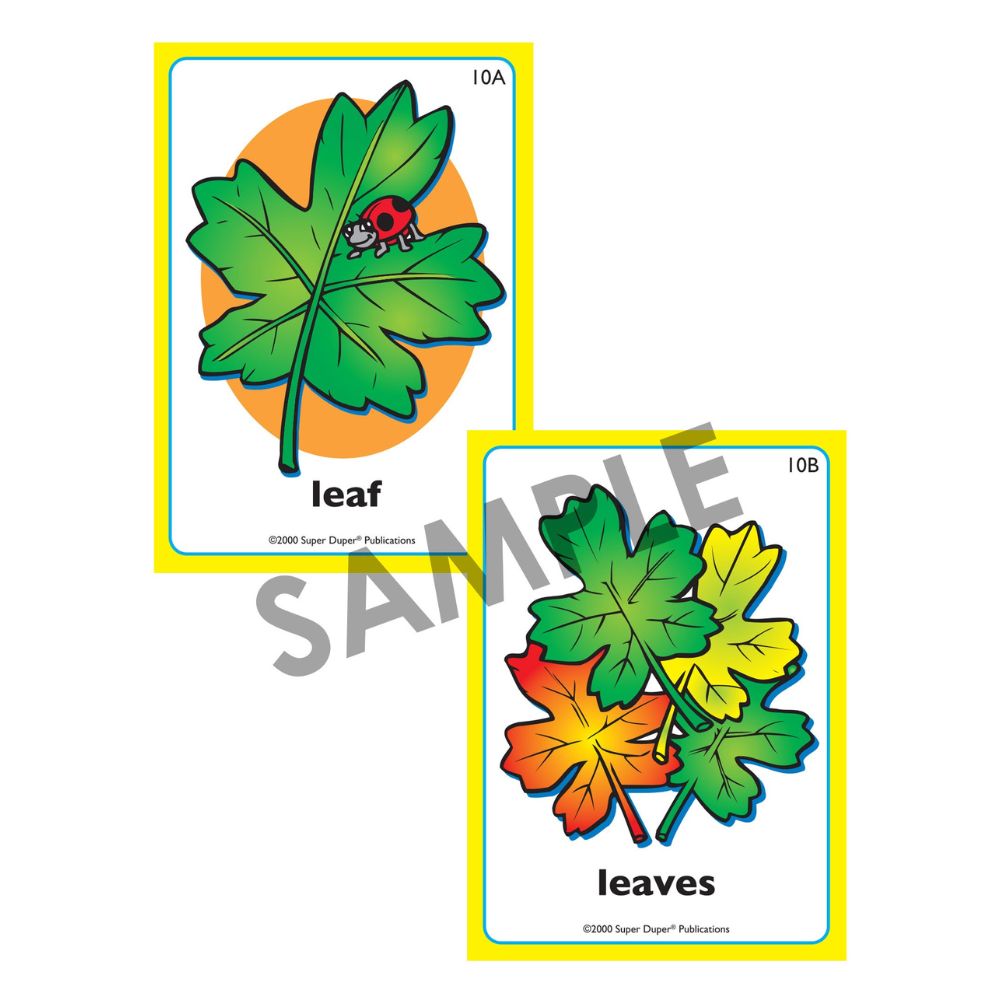 Irregular Plurals Fun Deck®, sample photo flash card showing that the plural of "leaf" is "leaves"