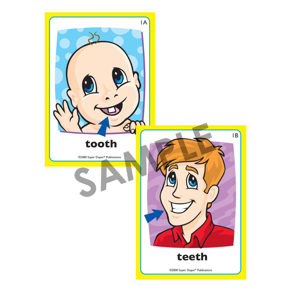 Irregular Plurals Fun Deck®, sample photo flash card showing that the plural of "tooth" is "teeth"