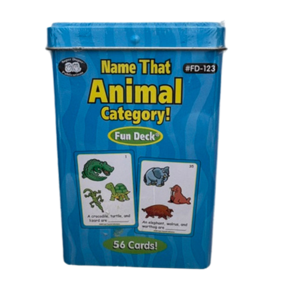 A blue metal tin package for a card game called 'Name That Animal Category! Fun Deck' with yellow title text and small animal illustration panels on the front, shown on a plain white background.