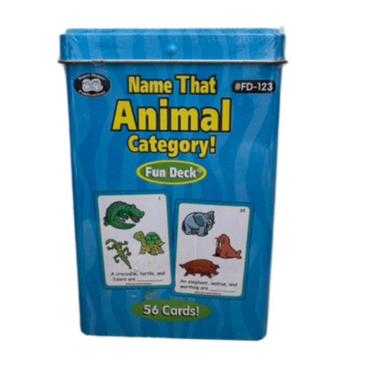 A blue metal tin package for a card game called 'Name That Animal Category! Fun Deck' with yellow title text and small animal illustration panels on the front, shown on a plain white background.