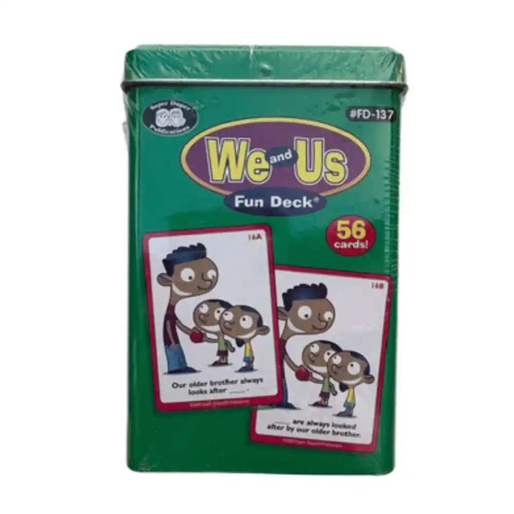 A green metal tin of We and Us Fun Deck cards, featuring cartoon illustrations of children and text indicating 56 cards.