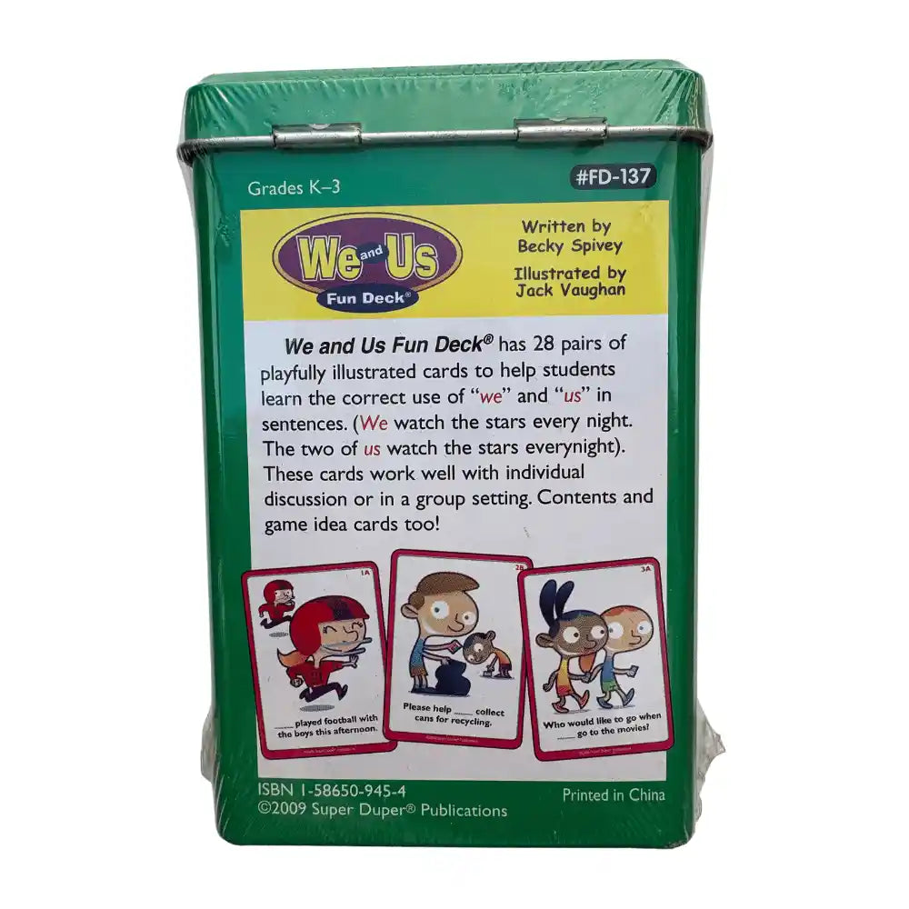 A green plastic-wrapped box of We and Us Fun Deck educational cards, showing the back cover with product details and sample illustrations on a white background.