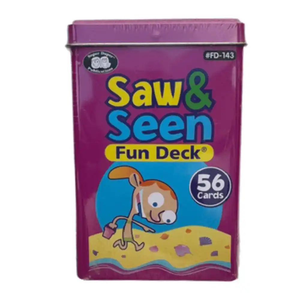 A purple metal tin of Saw & Seen Fun Deck cards, featuring a cartoon rabbit illustration and a '56 cards' badge on the front.