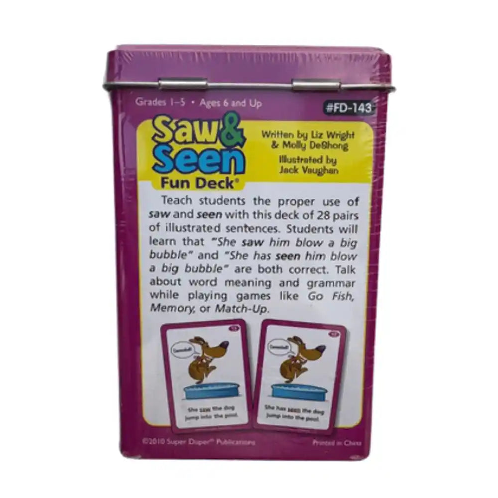 Saw and Seen Fun Deck in a purple plastic storage tin with a yellow and white front label, photographed on a plain white background.