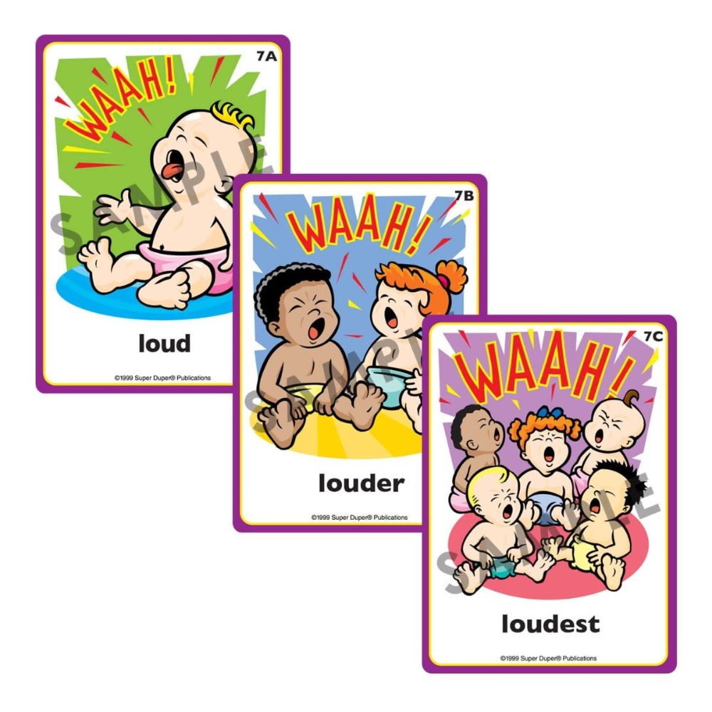 Comparatives Fun Deck, sample cards illustrating crying babies to help children learn comparatives "loud",  "louder", and "loudest"