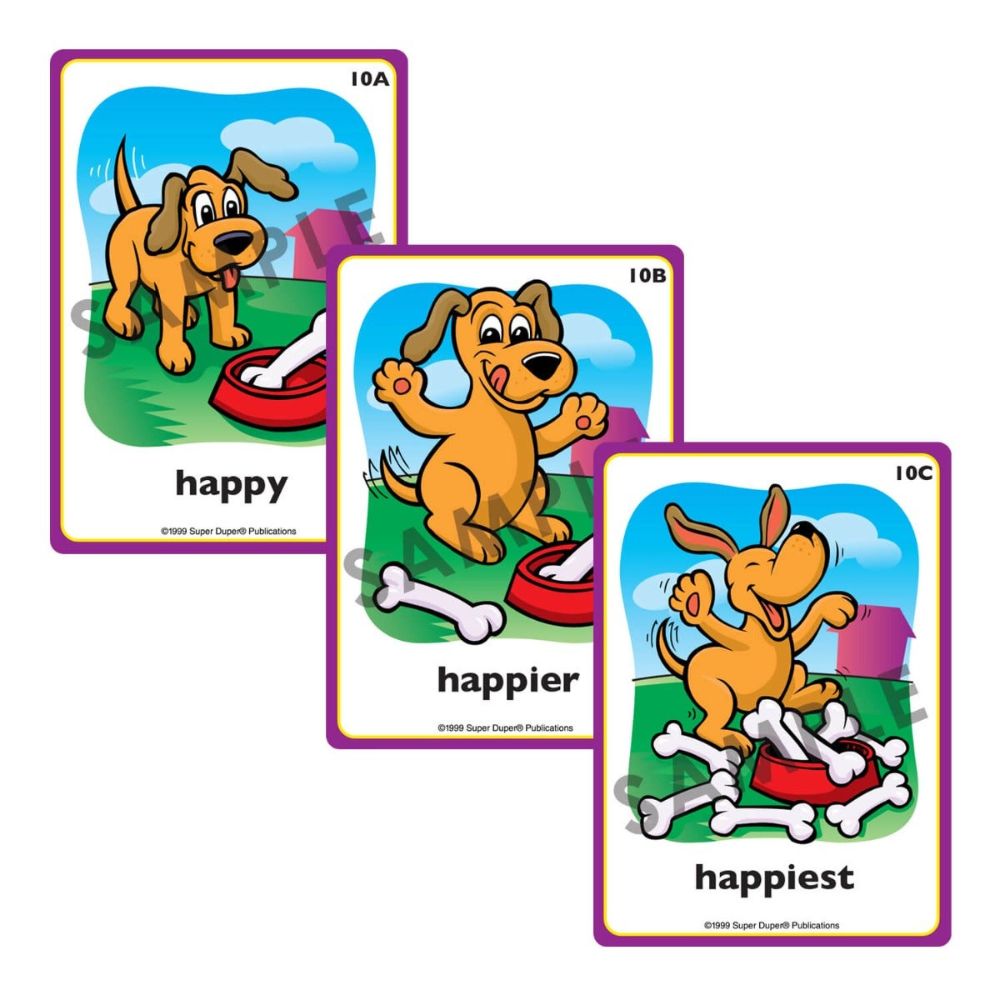 Comparatives Fun Deck, sample cards illustrating a dog to help children learn the comparatives "happy", "happier", and "happiest"