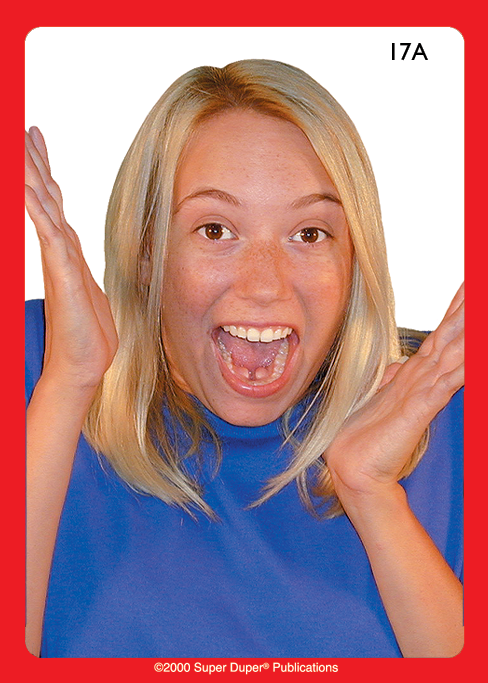 Photo card showing a person with a surprised expression wearing a blue shirt on a red border.